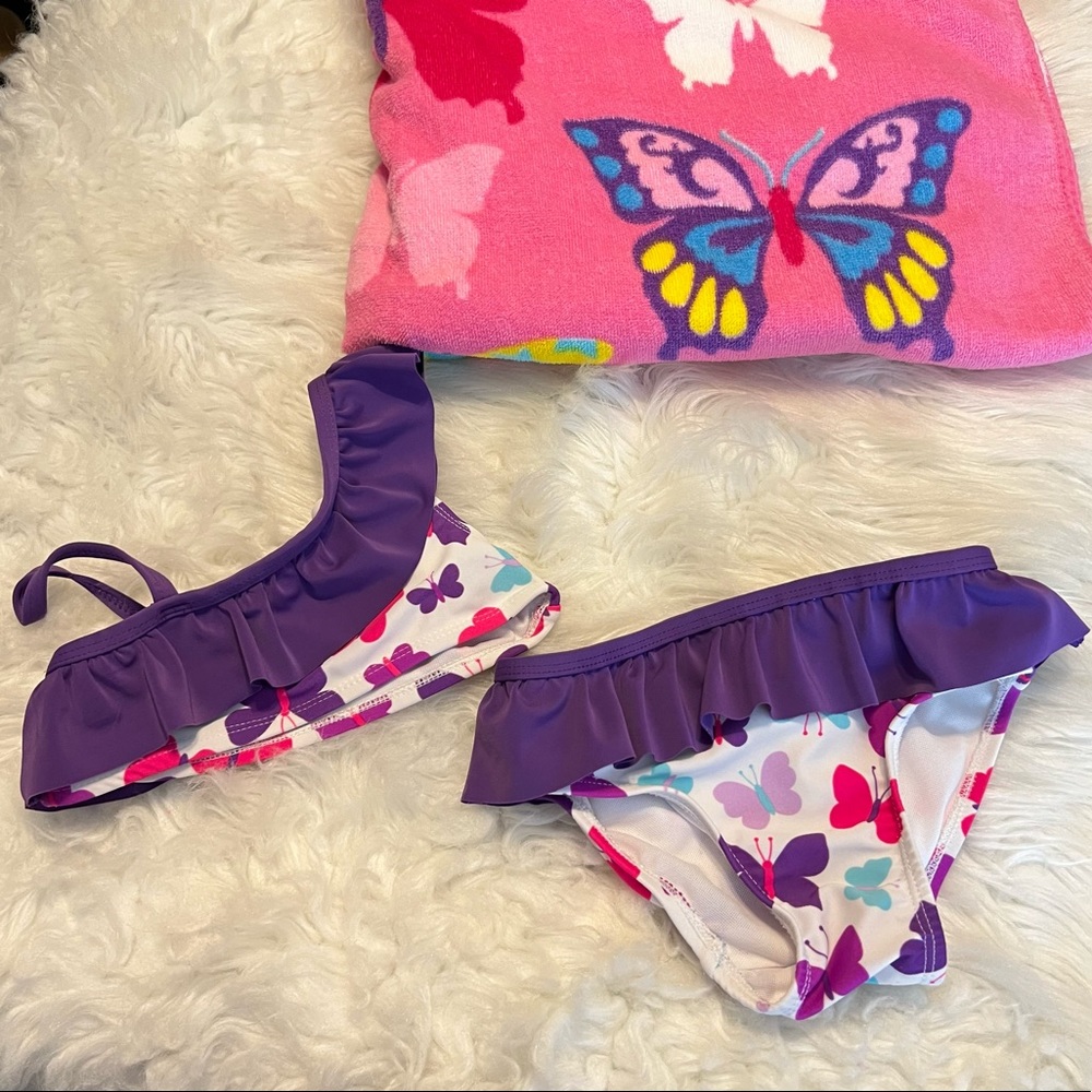 Butterfly 2 Piece Ruffle Toddler Swimsuit Size 3t and Towel Summer Pool